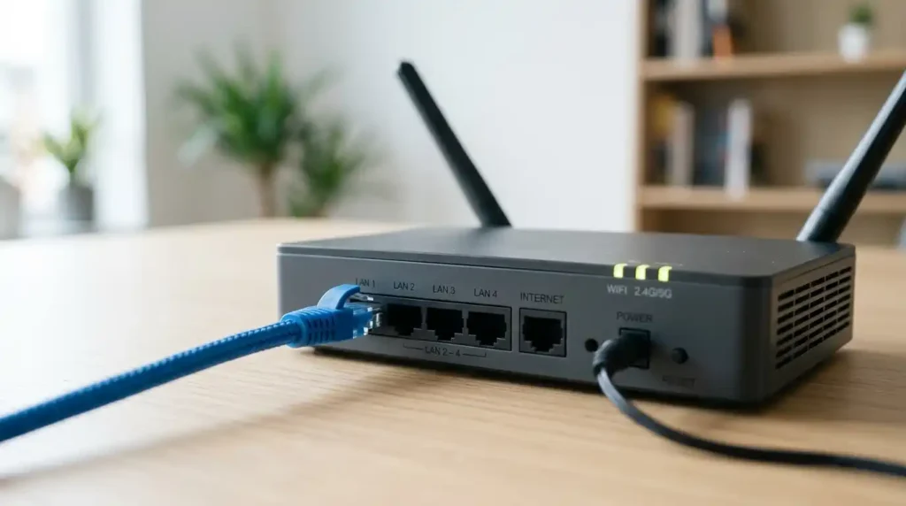Ethernet cable plugged into a router next to a WiFi router showing the difference for fixing IPTV buffering
