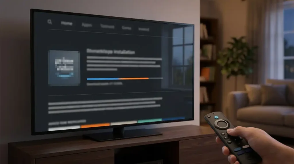 Installing an IPTV player app on Firestick using the Downloader app with a blurred installation screen