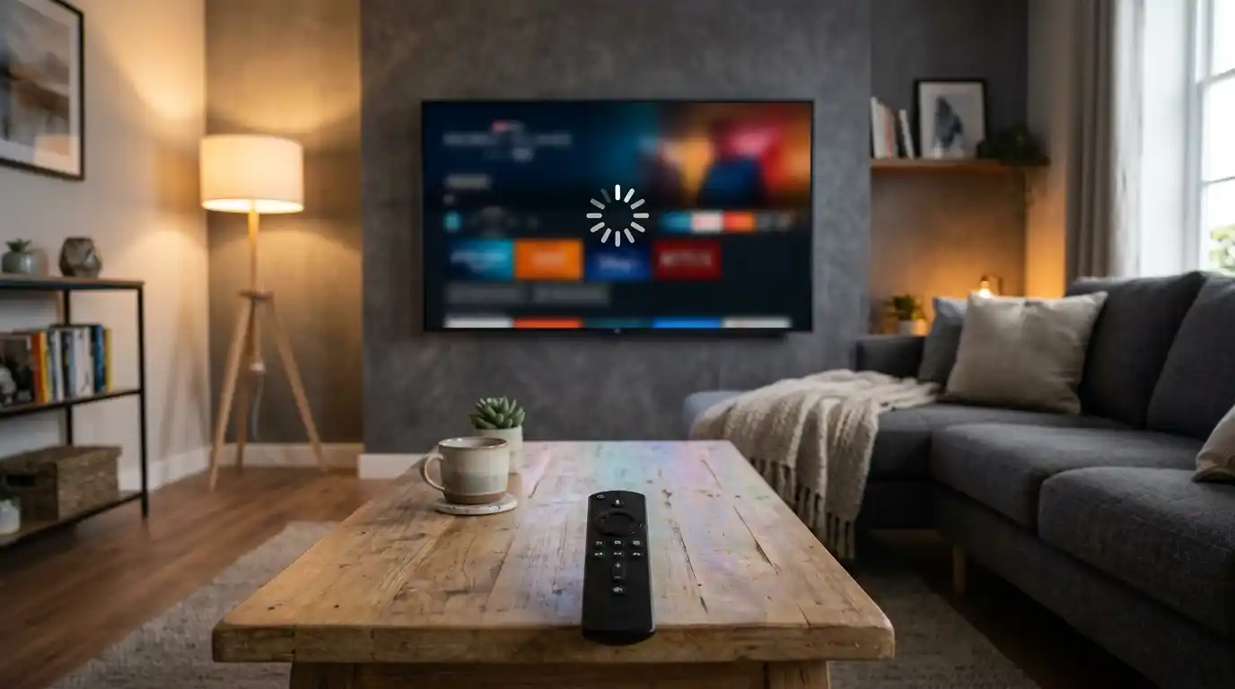 IPTV buffering fix showing a TV screen with a blurred loading spinner and streaming interface