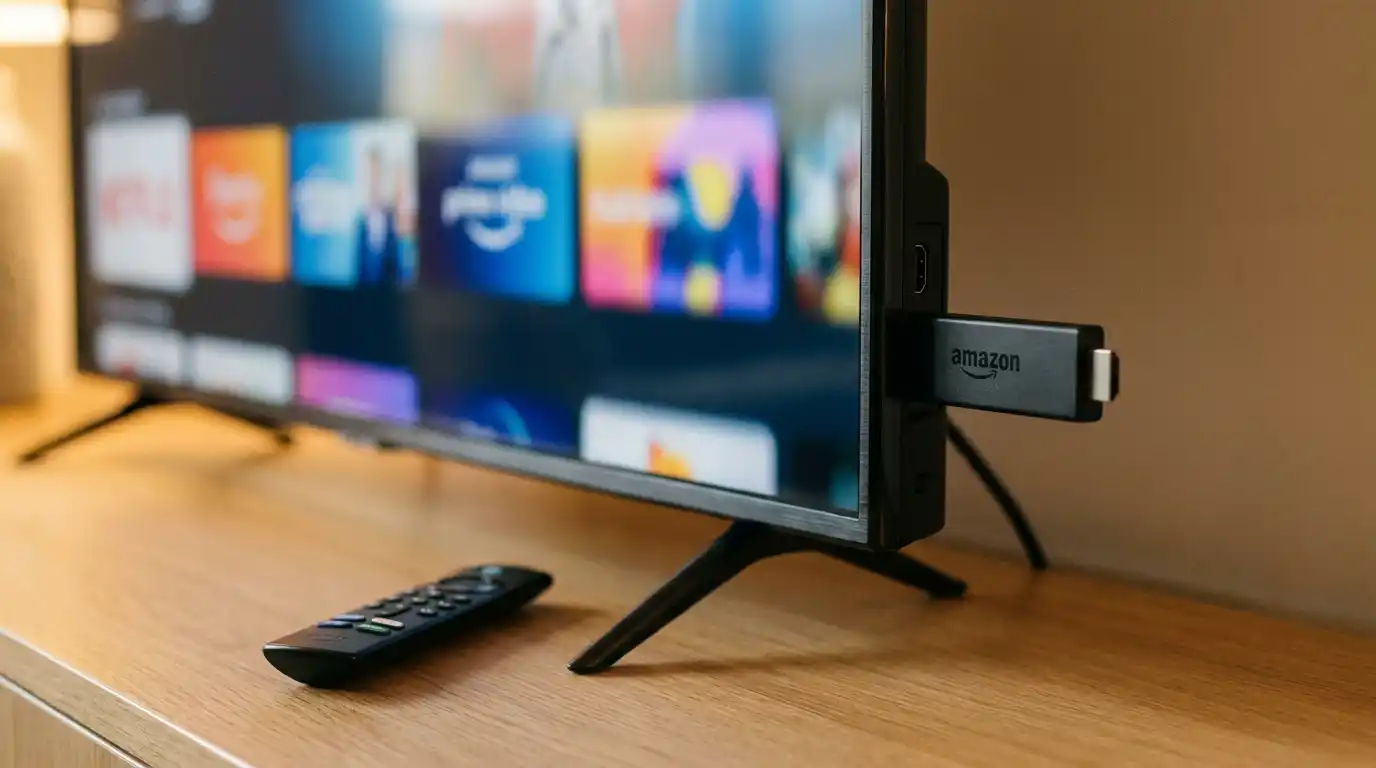 IPTV on Firestick setup showing a Firestick plugged into a TV with a blurred streaming interface on screen