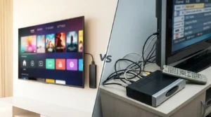 IPTV vs cable cost comparison showing a split screen with a streaming device and a cable box