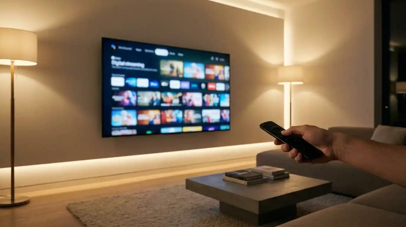 What is IPTV streaming setup on a TV screen with a remote control in a modern living room